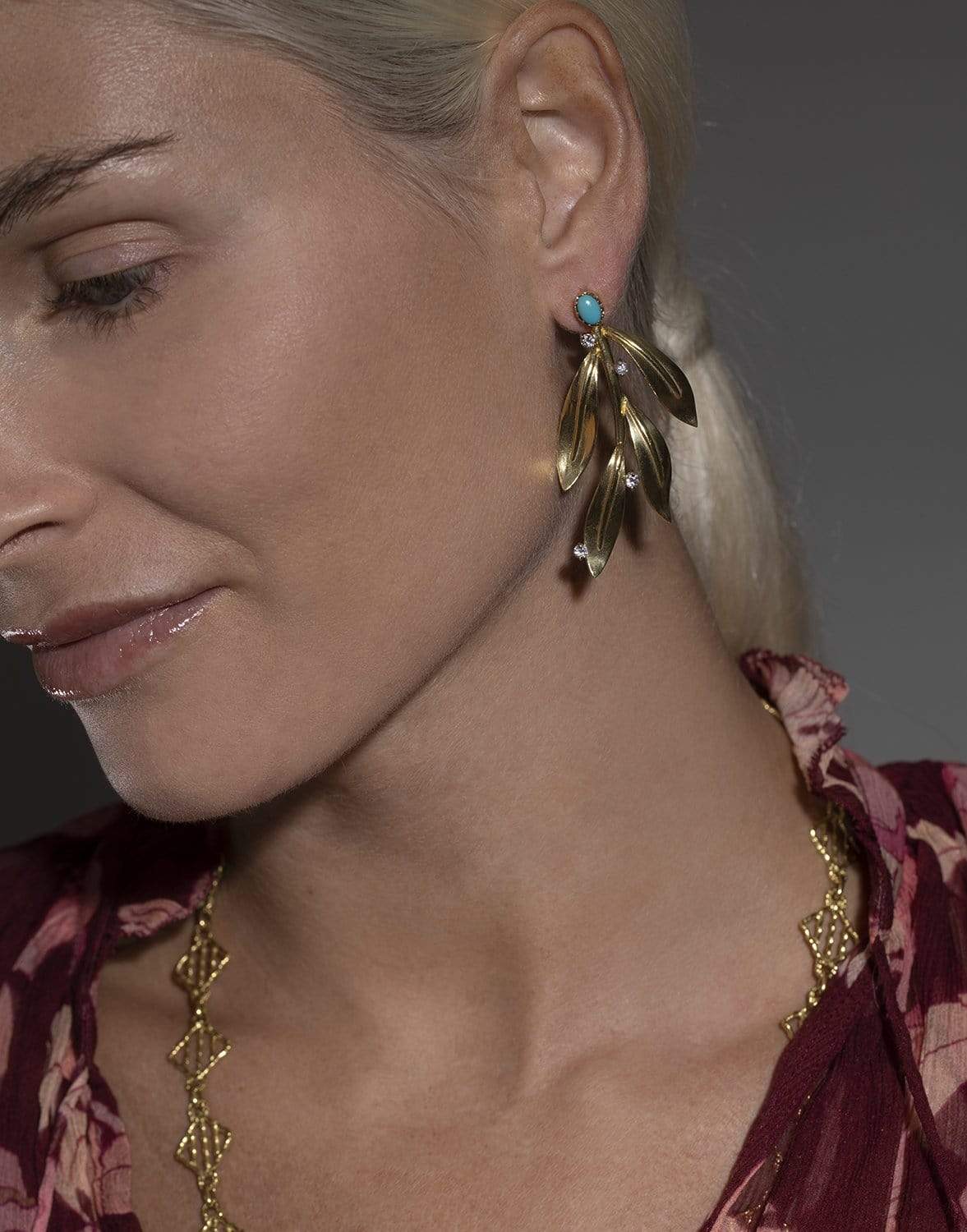 JENNA BLAKE-Turquoise Leaf Earrings-YELLOW GOLD