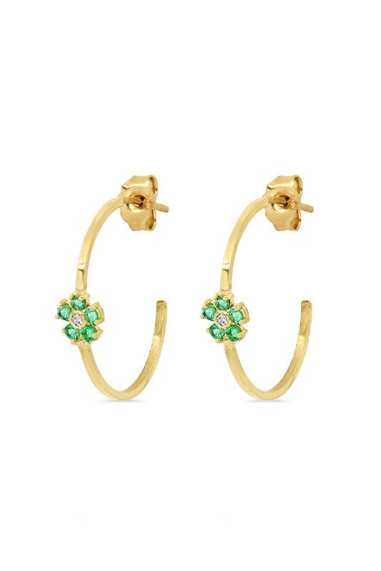 JENNIFER MEYER-Small Emerald and Diamond Flower Hoops-YELLOW GOLD