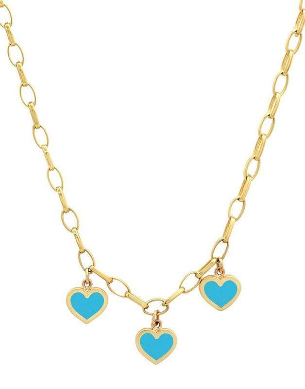 JENNIFER MEYER-Small Edith Link Necklace with 3 Turquoise Inlay Heart Drops-YELLOW GOLD
