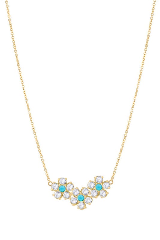 JENNIFER MEYER-Turquoise and Diamond Three Flower Necklace-YELLOW GOLD