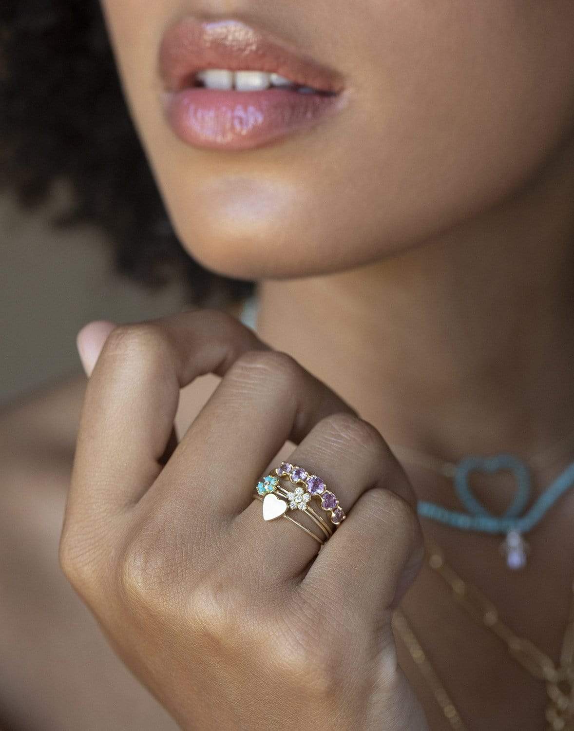 JENNIFER MEYER-Turquoise and Diamond Mini Flower Ring-YELLOW GOLD