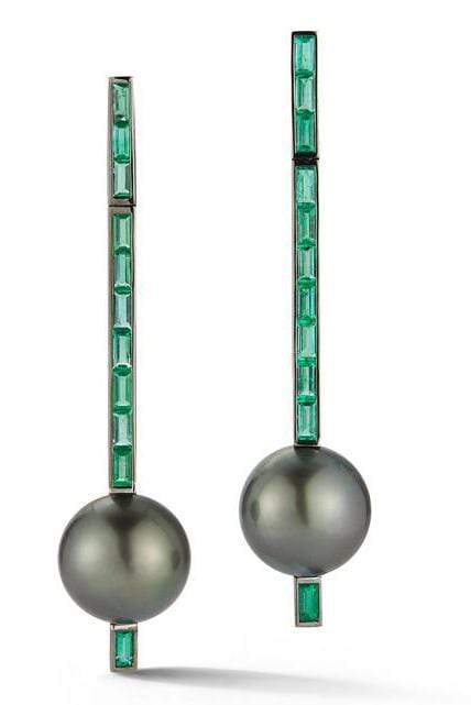 KATHERINE JETTER-Emerald and Tahitian Pearl Bar Earrings-WHITE GOLD