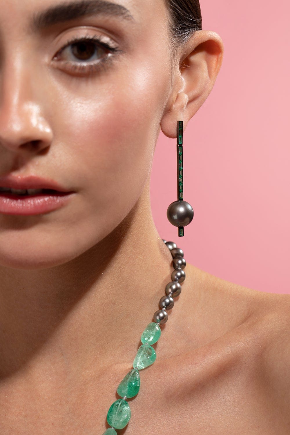 KATHERINE JETTER-Emerald and Tahitian Pearl Bar Earrings-WHITE GOLD
