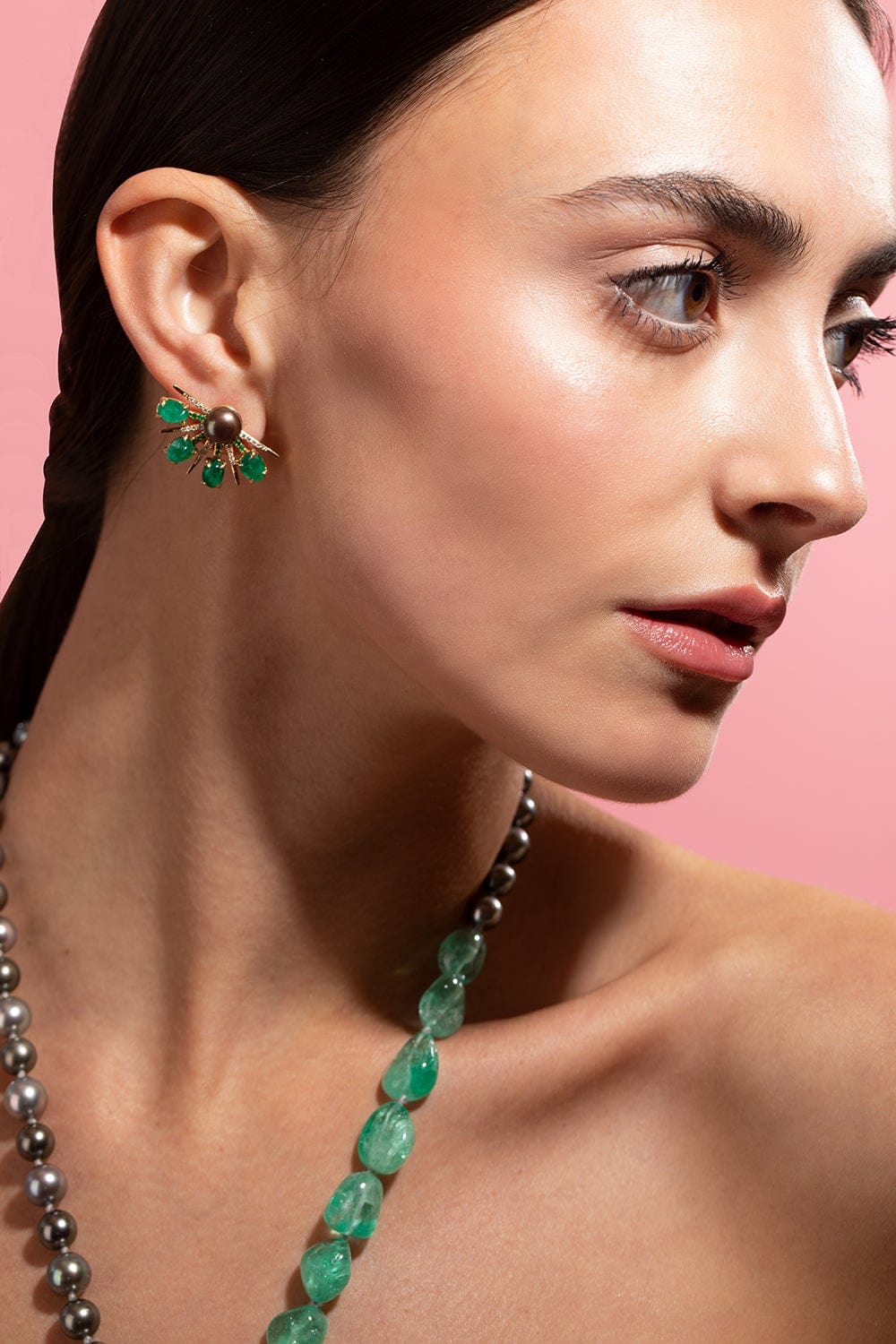 KATHERINE JETTER-Emerald and Pear Fan Earrings-YELLOW GOLD