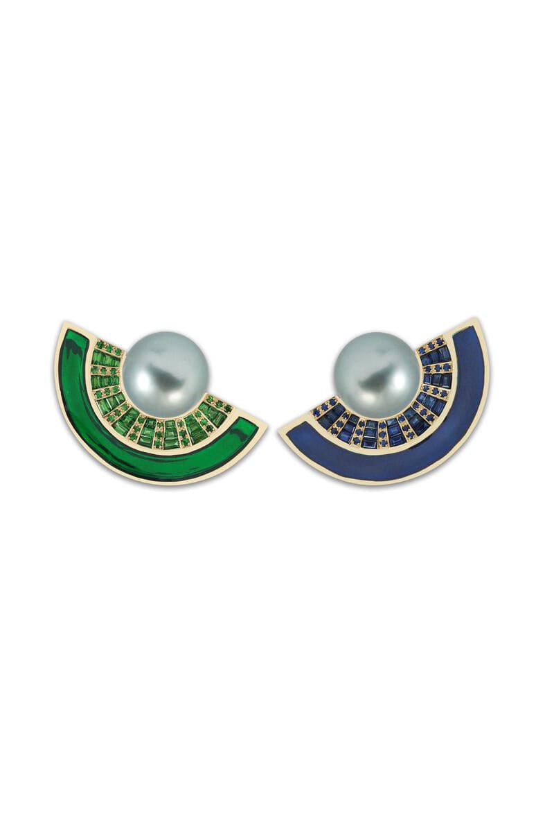 KAVANT & SHARART-Blue Sapphire and Tsavorite Twist Reflection Double Jacket Earrings-YELLOW GOLD
