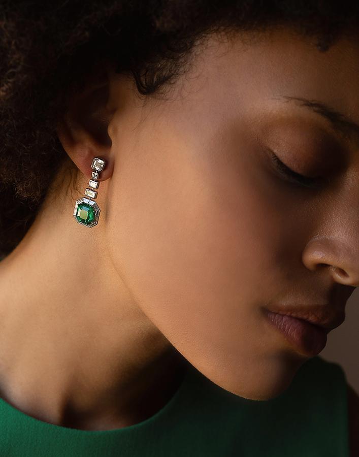 KWIAT-Emerald and Step Cut Diamond Earrings-PLATINUM