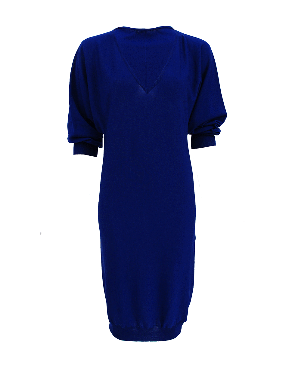 LANVIN-Long Sleeve V-Neck Knit Dress-BLUE