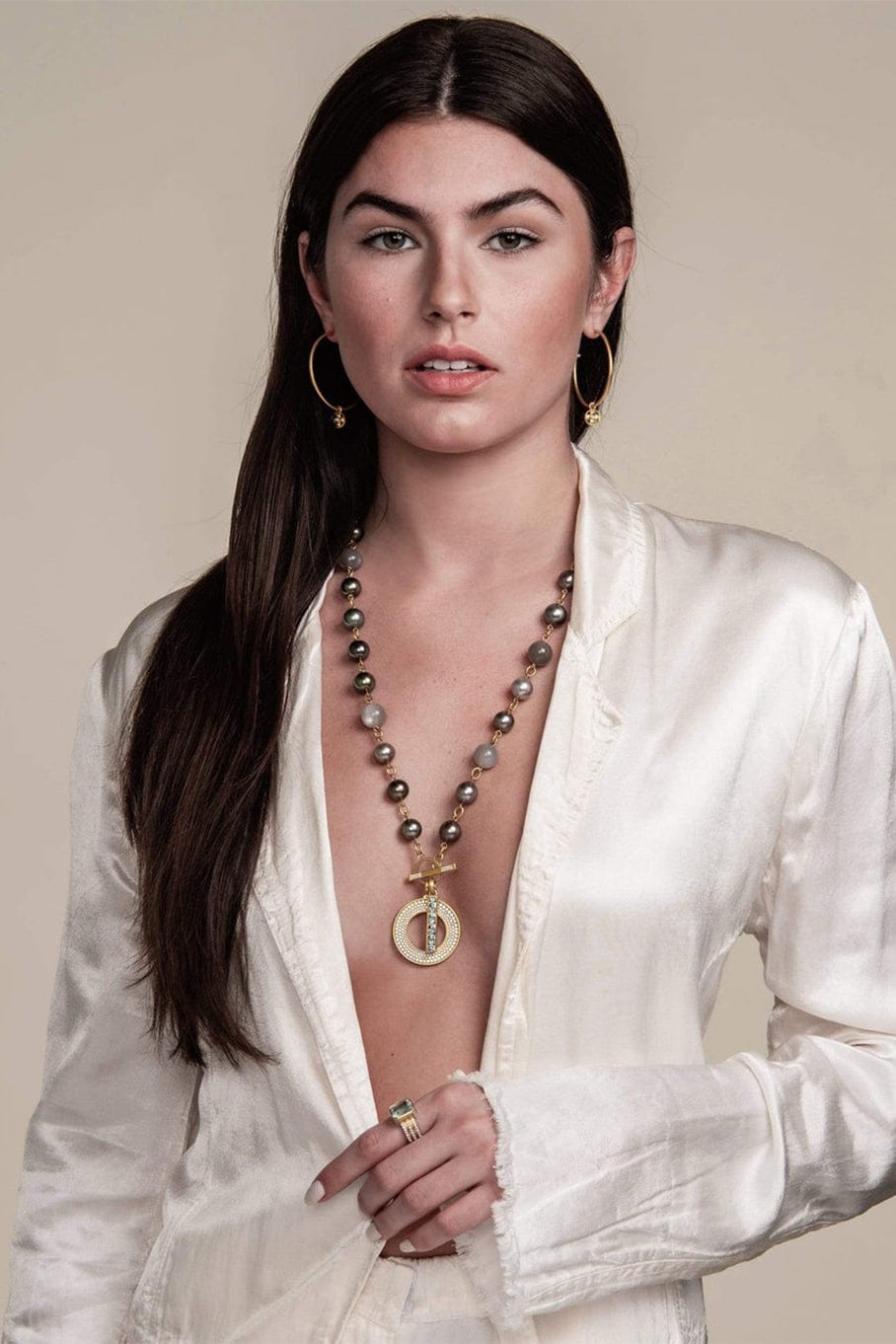 LEIGH MAXWELL-Tahitian Pearl and Grey Moonstone Necklace-YELLOW GOLD