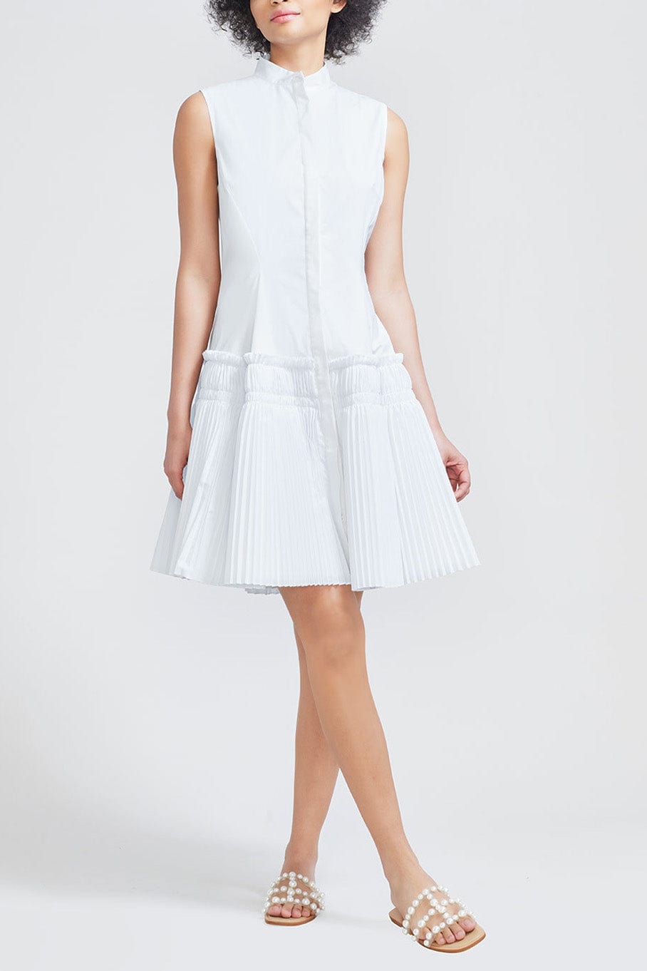 LELA ROSE-Pleated Flare Hem Dress - White-