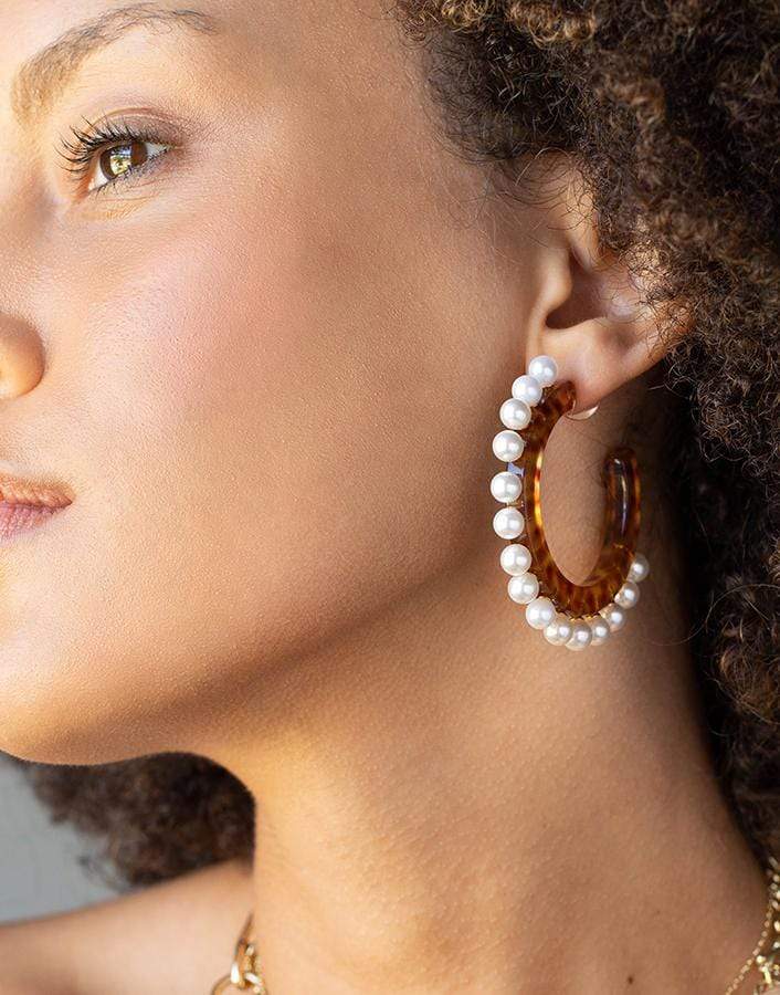 LELE SADOUGHI DESIGNS-Cheetah Pearl Block Hoop Earrings-CHEETAH