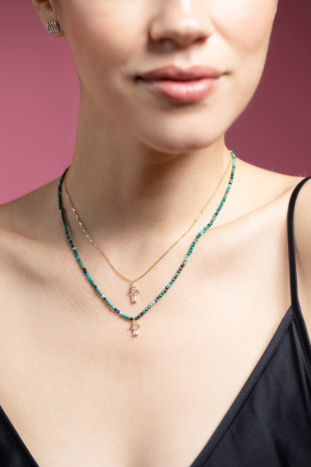 LITTLE ONES-Baguette Diamond Malachite Bead Girl Necklace-YELLOW GOLD