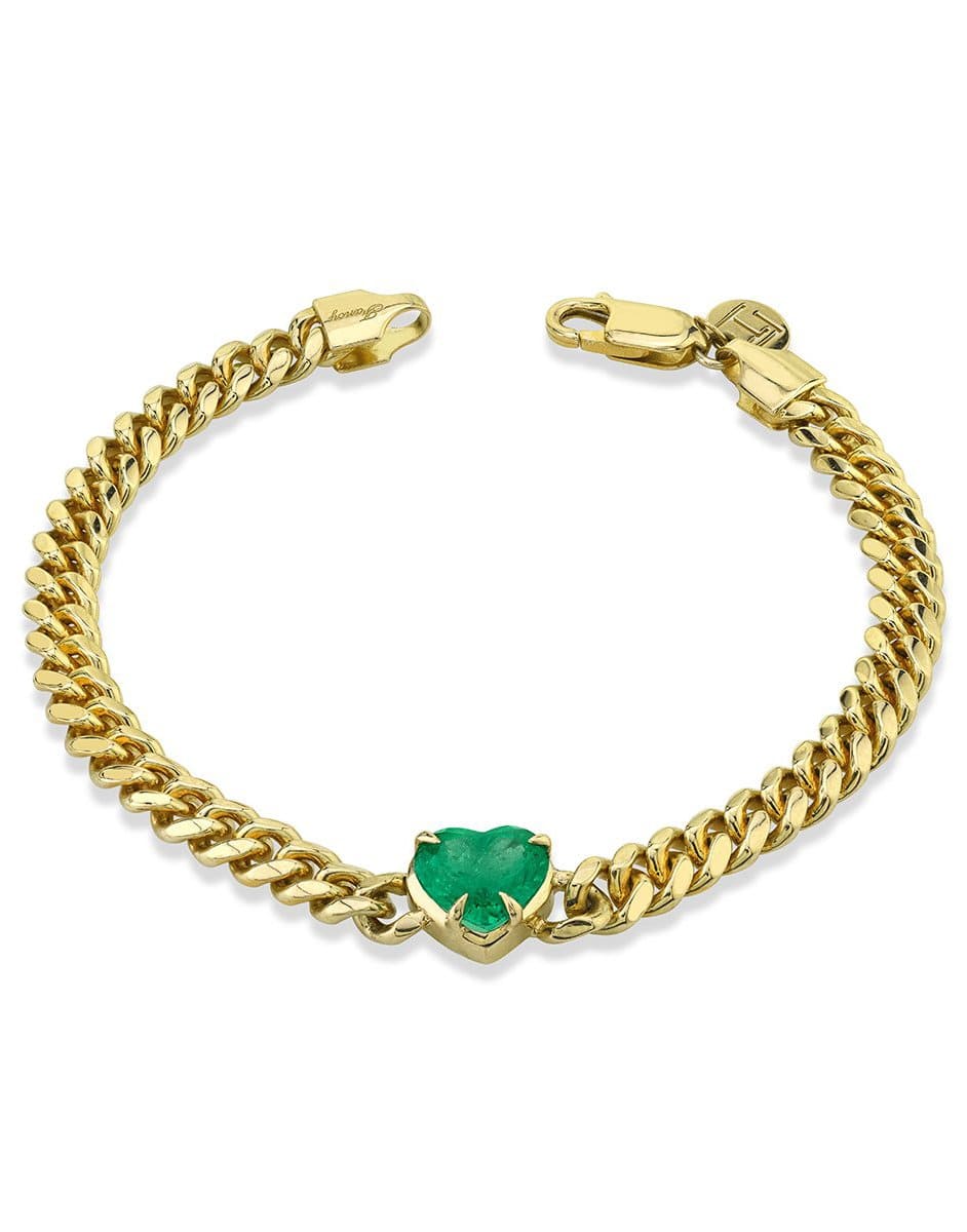 LOGAN HOLLOWELL-Queen Emerald Heart Cuban Link Bracelet-YELLOW GOLD