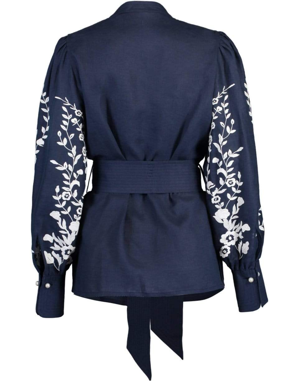 MAISON COMMON-Navy Embroidered Linen Belted Blouse-