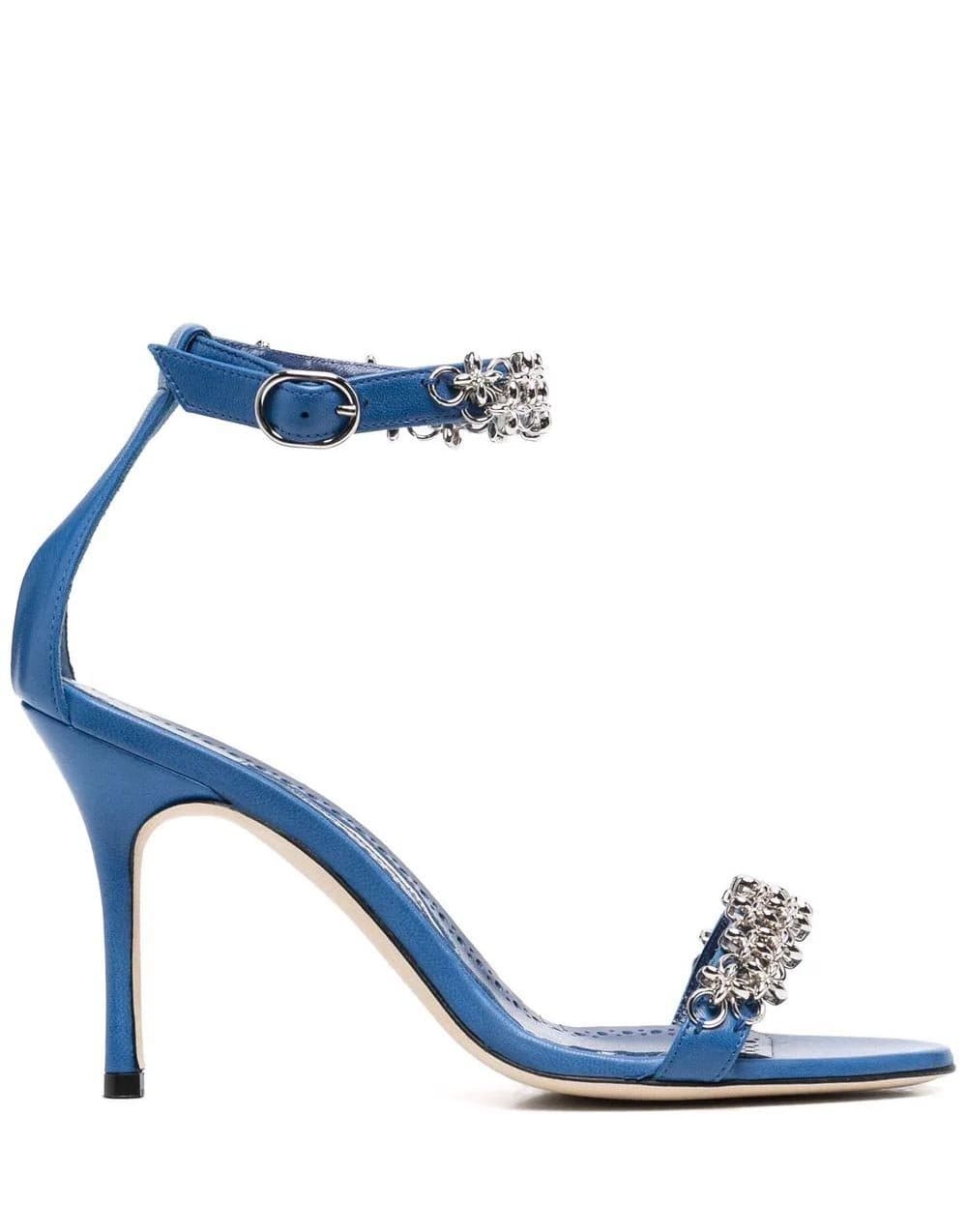 MANOLO BLAHNIK-Blue Rekik Leather Chain Ankle-Strap Sandals-