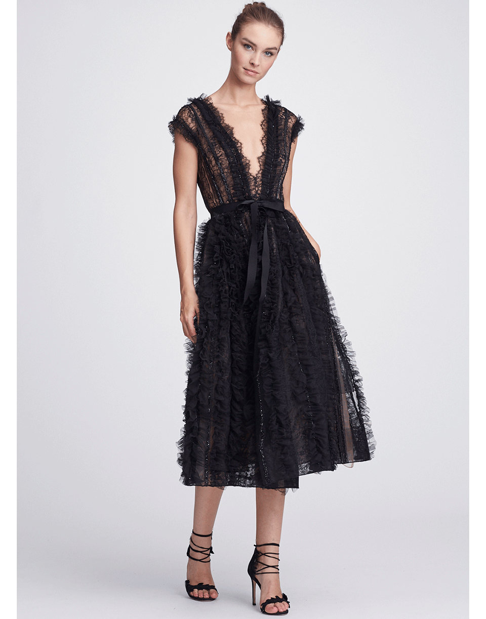MARCHESA-Plunge Neck Embellished Tulle Dress-BLACK