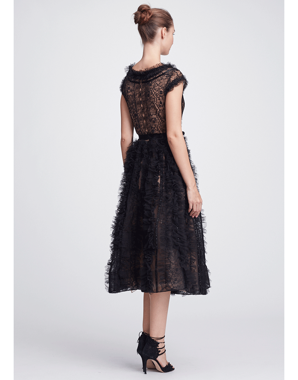 MARCHESA-Plunge Neck Embellished Tulle Dress-BLACK