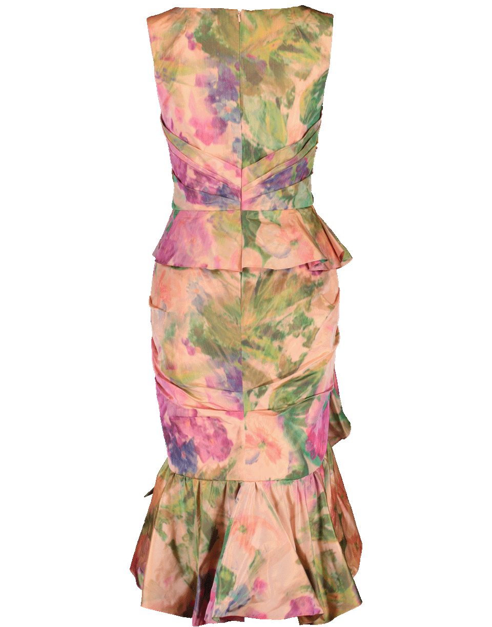 MARCHESA-Peplum Cascade Cocktail Dress-CORAL