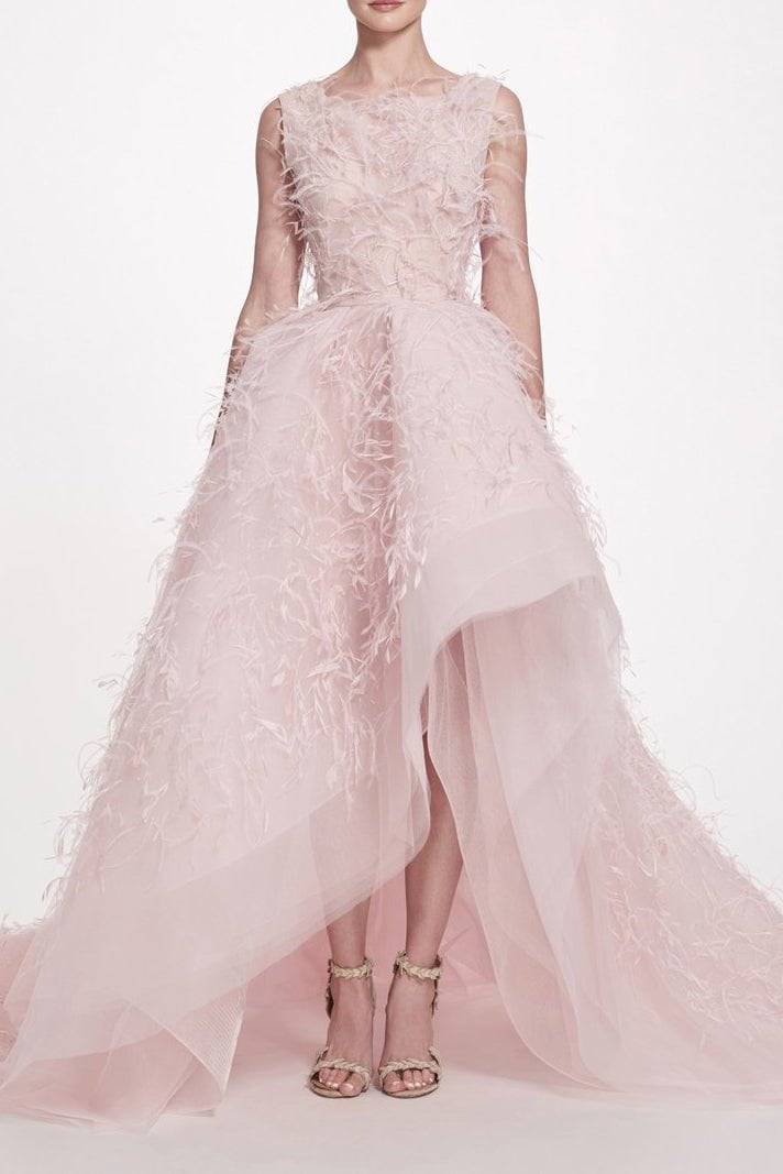 MARCHESA-High-Low Tulle Ball Gown-BLUSH