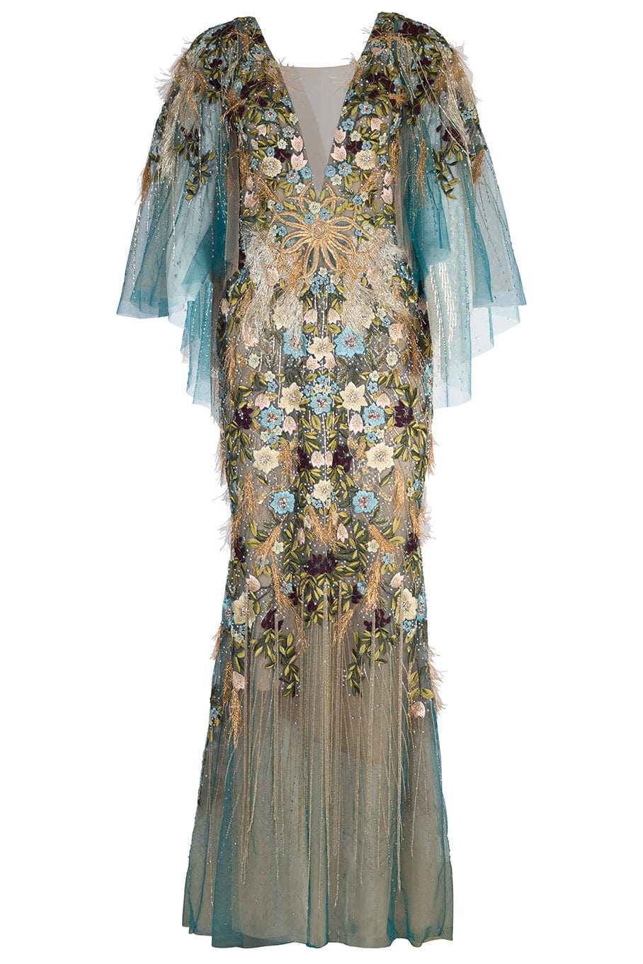 MARCHESA-Mesh VNeck Gown-PEACOCK