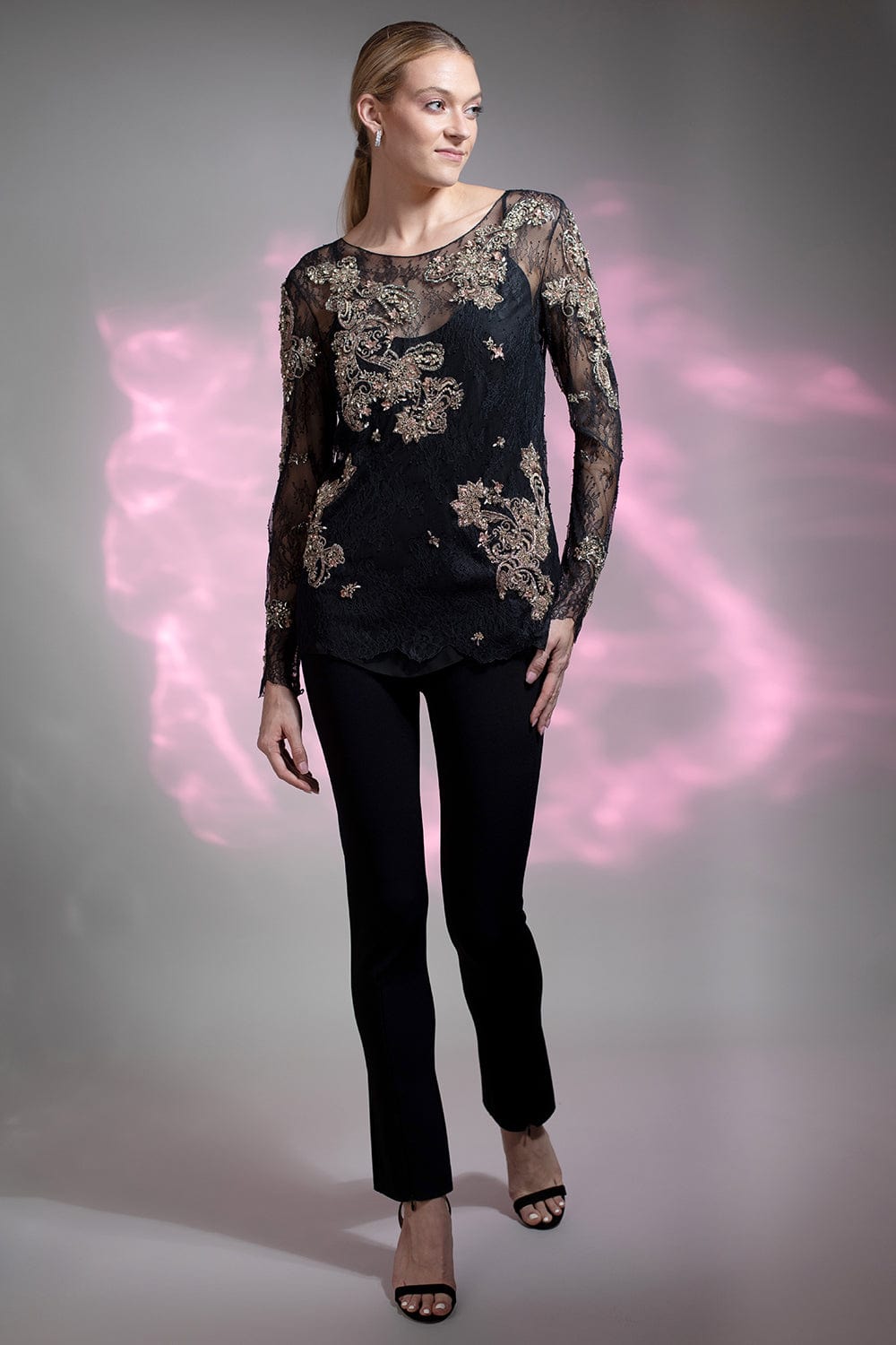 MARCHESA-Chantilly Lace Top With Beading-