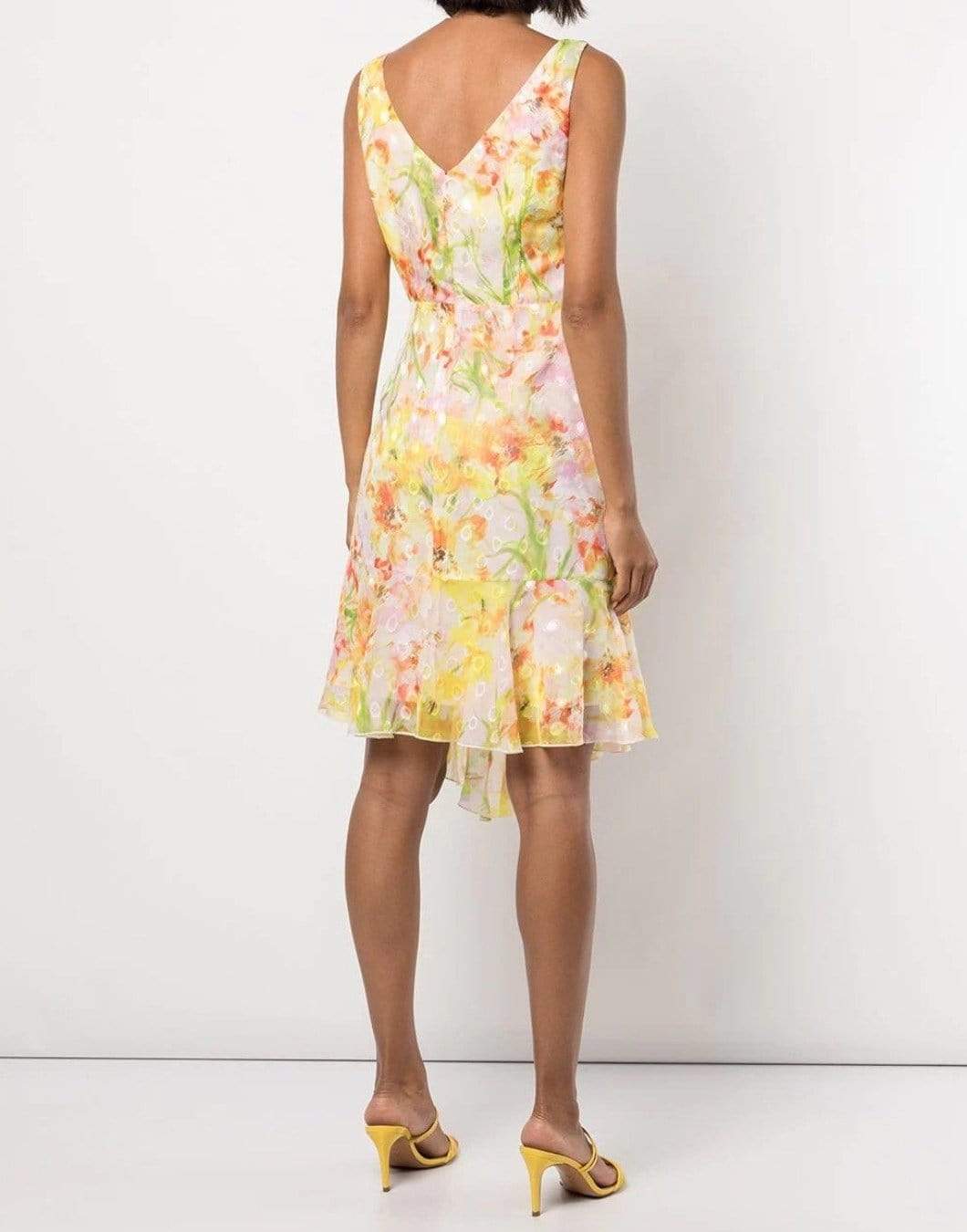 MARCHESA NOTTE-Daffodil Sleeveless Burnout Chiffon Wrap Dress-