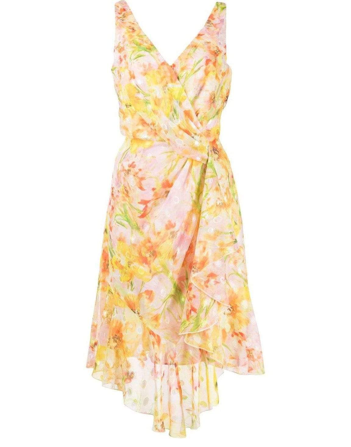 MARCHESA NOTTE-Daffodil Sleeveless Burnout Chiffon Wrap Dress-