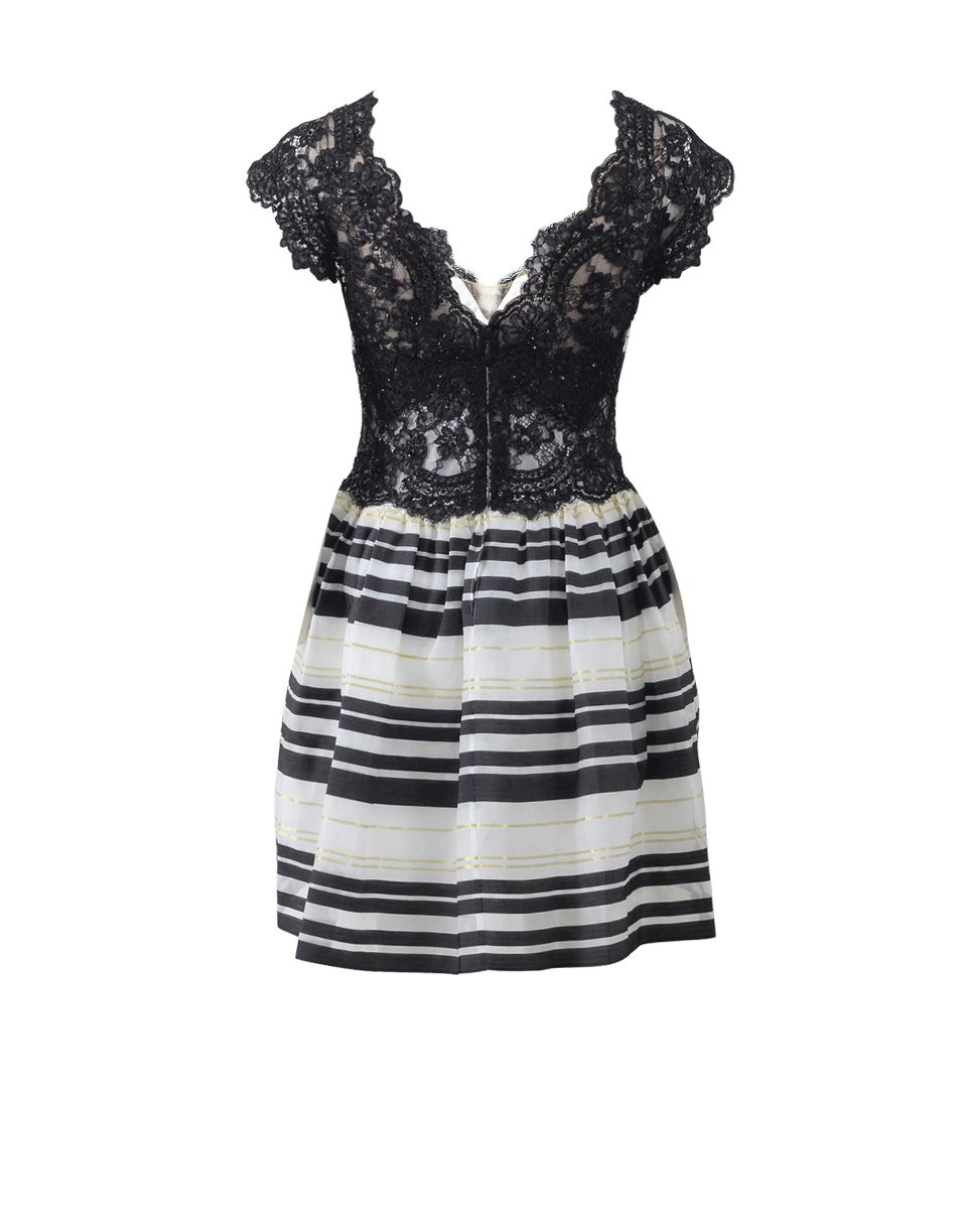 MARCHESA NOTTE-Lace Top With Stripe Bottom Dress-