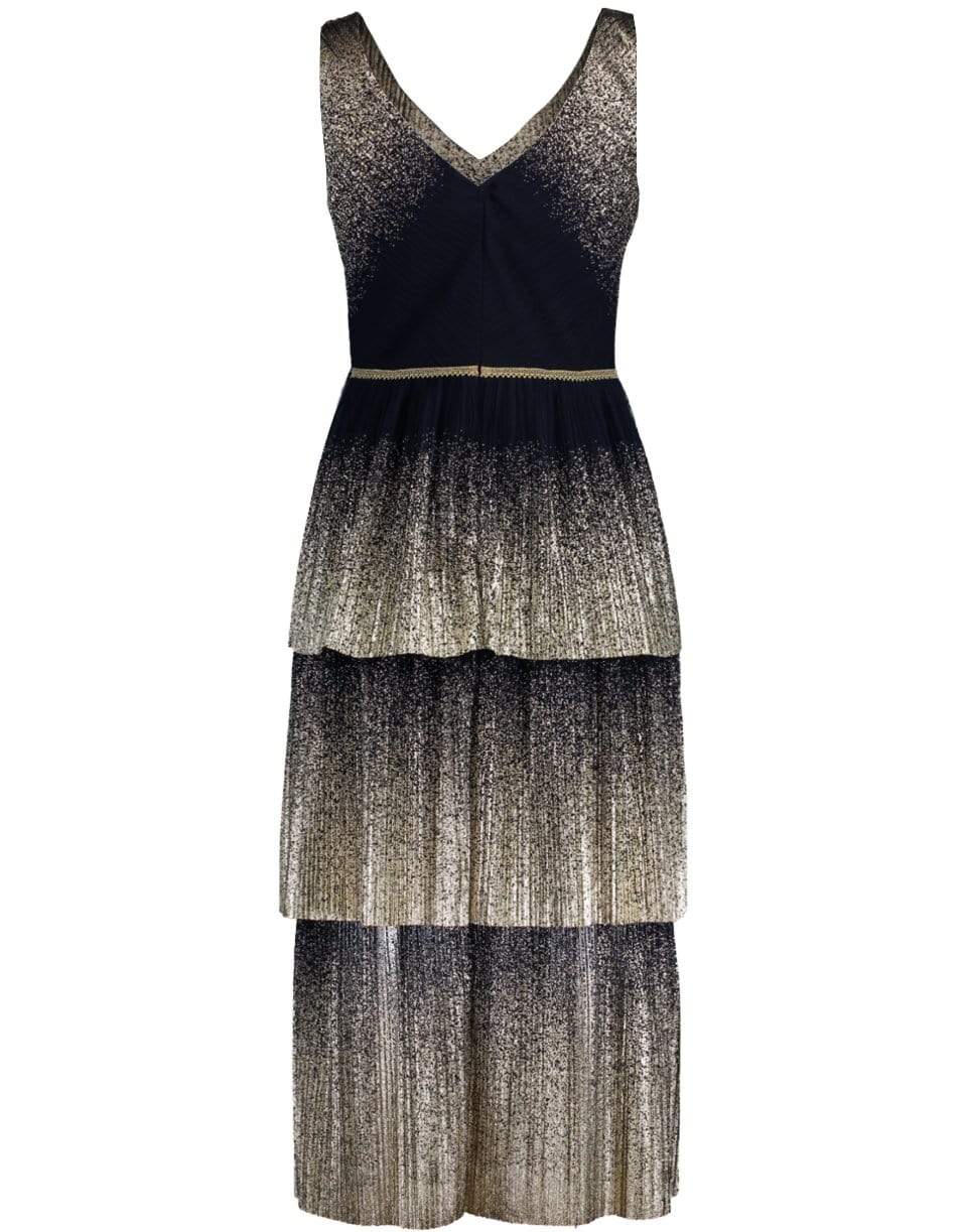 MARCHESA NOTTE-V-Neck Pleated Foil Tiered Cocktail Dress-