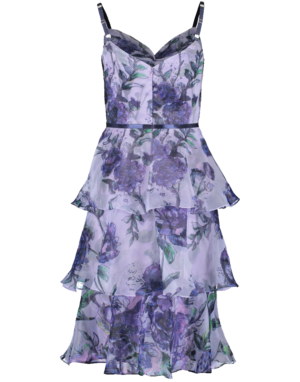 MARCHESA NOTTE-Floral Tier Tea Length Dress-