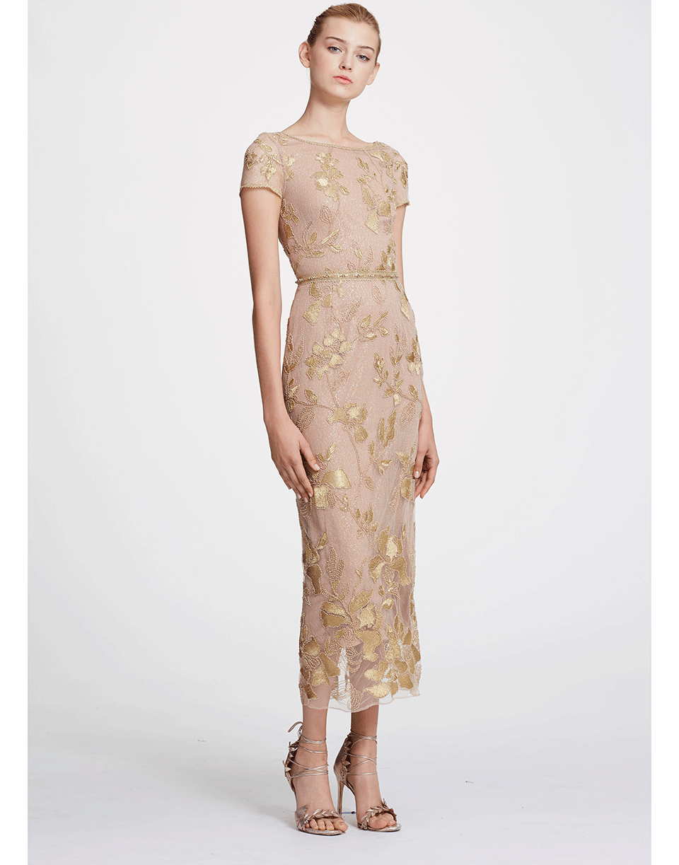 Metallic Floral Embroidered Dress CLOTHINGDRESSEVENING MARCHESA NOTTE   