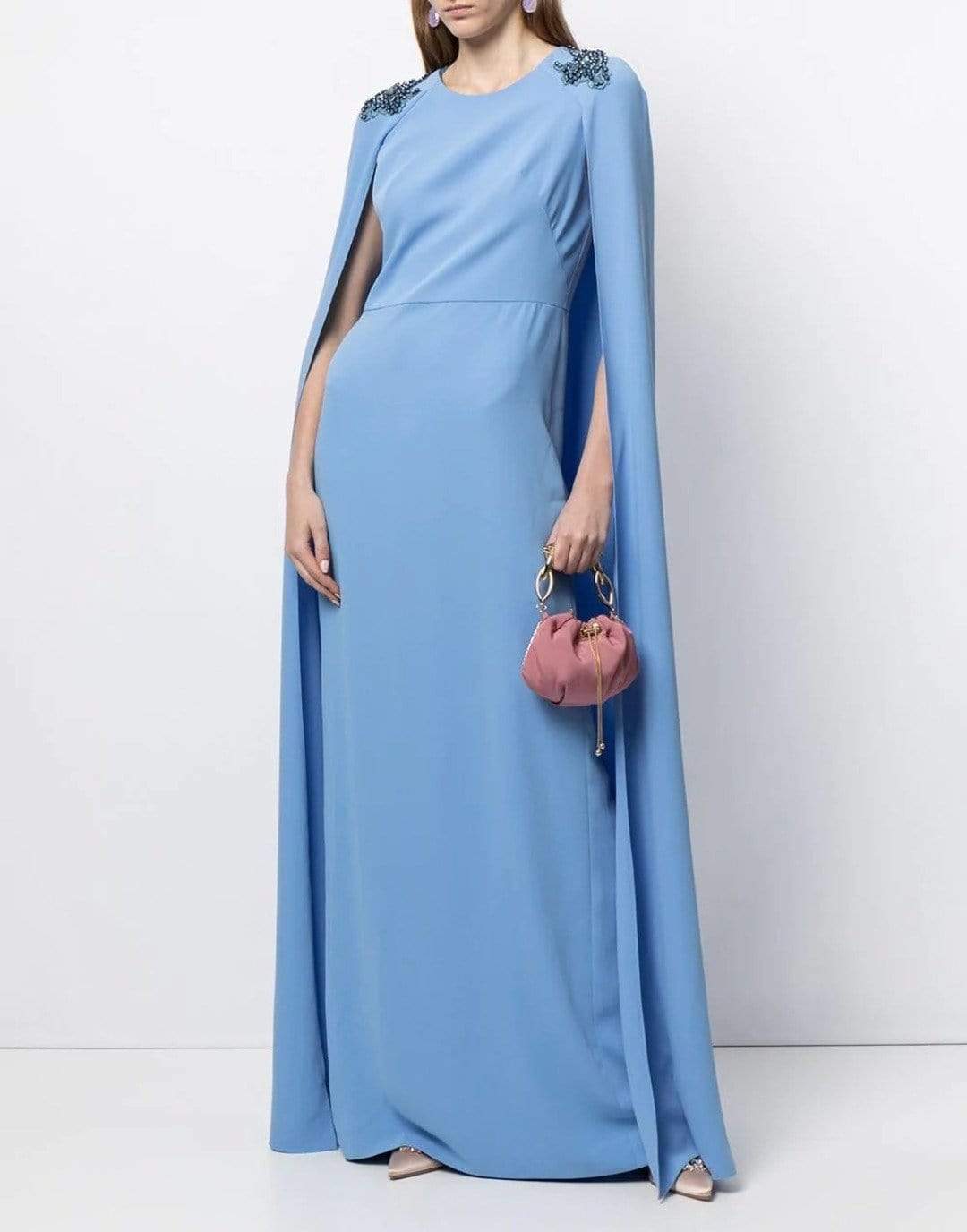 MARCHESA NOTTE-Dusty Blue Embroidered Cape Dress-