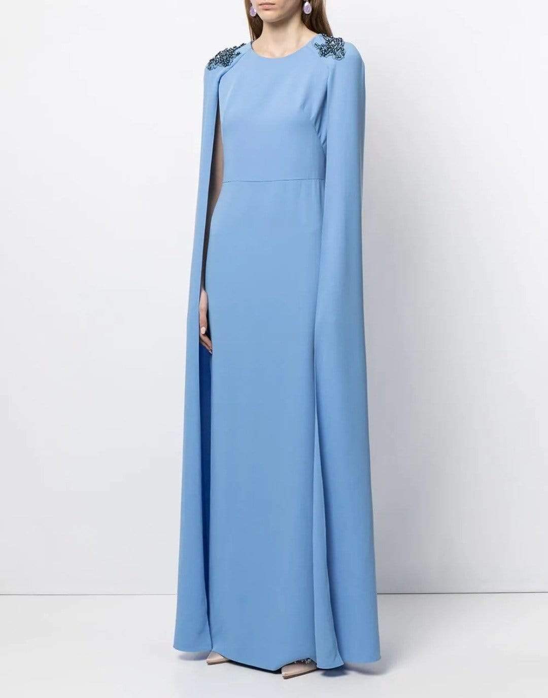 MARCHESA NOTTE-Dusty Blue Embroidered Cape Dress-