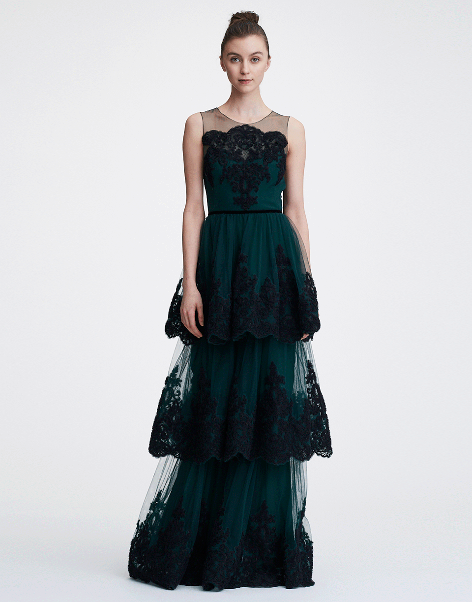 MARCHESA NOTTE-Embroidered Tiered Gown-