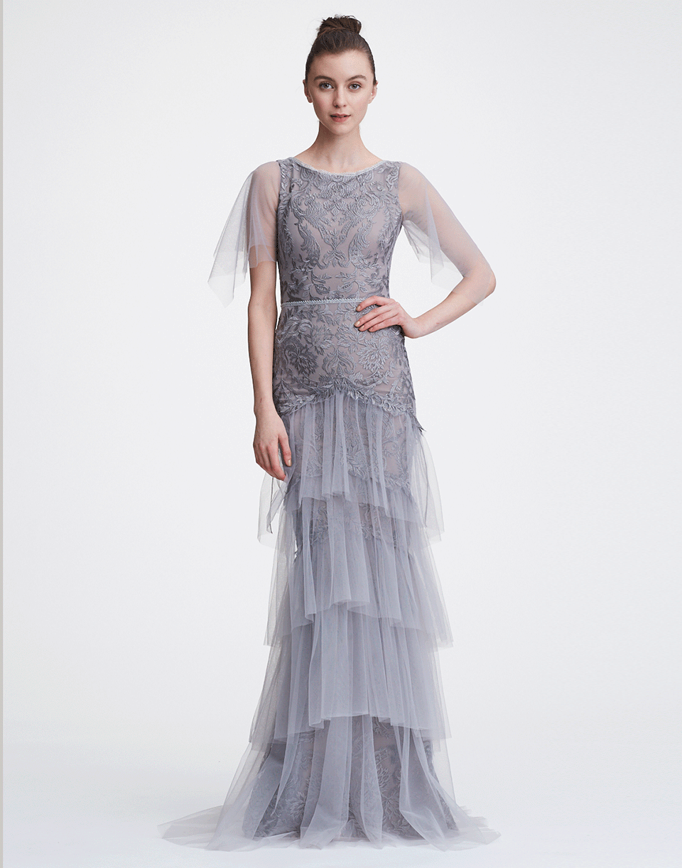 Flutter Sleeve Embroidered Gown CLOTHINGDRESSGOWN MARCHESA NOTTE   