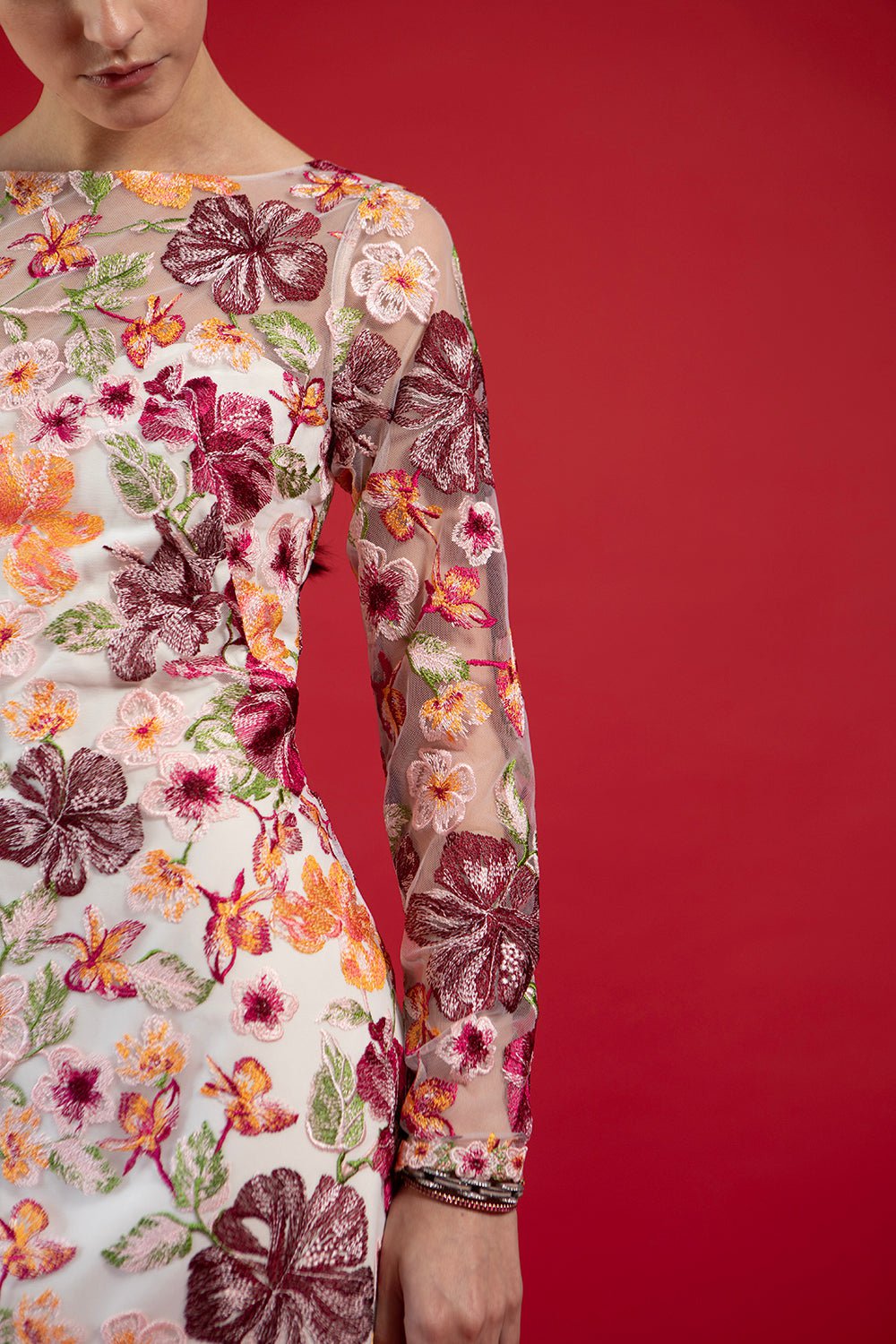 MARCHESA NOTTE-Illusion Floral Dress-