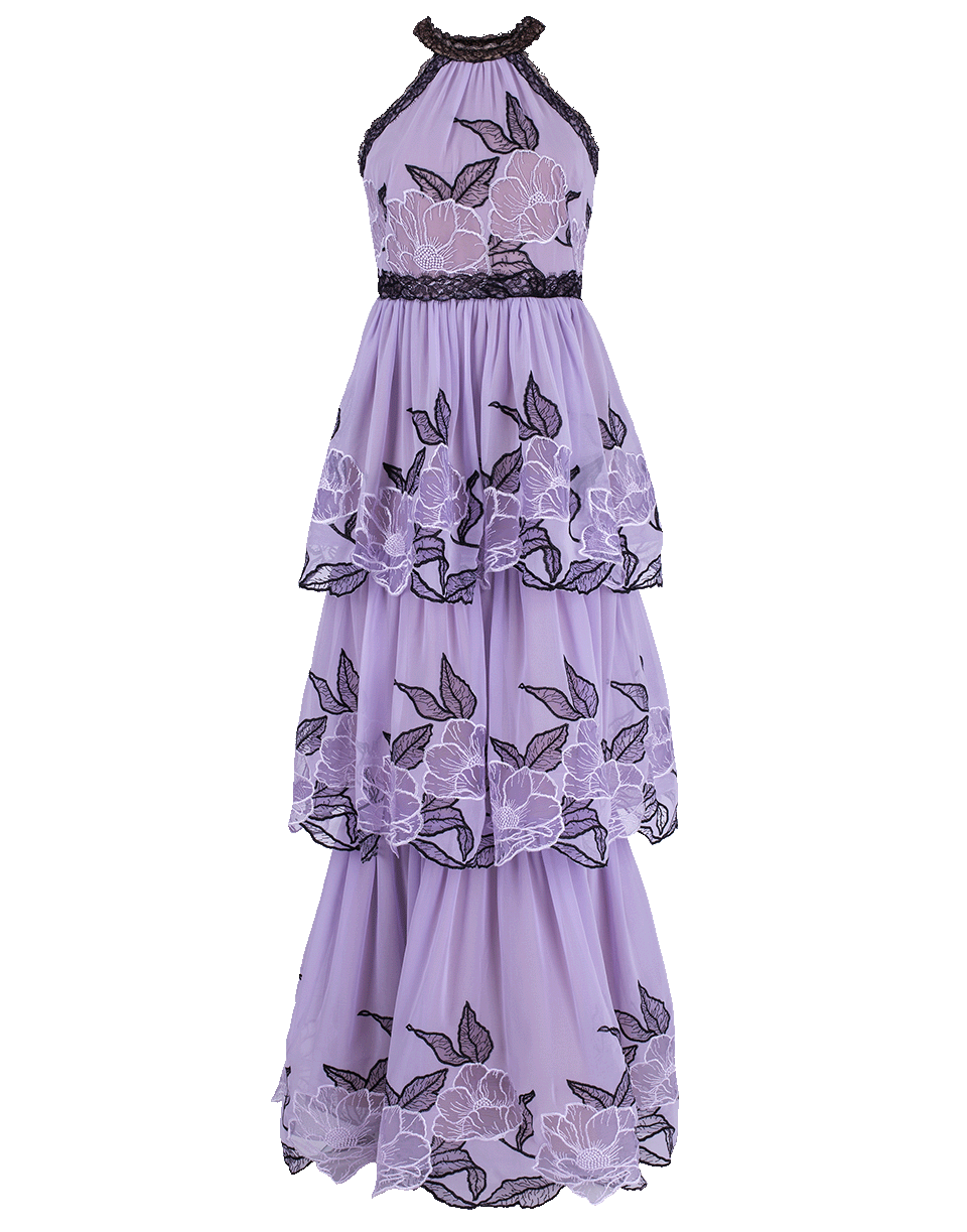 MARCHESA NOTTE-Halter Neck Lace Trim Tier Gown-LILAC