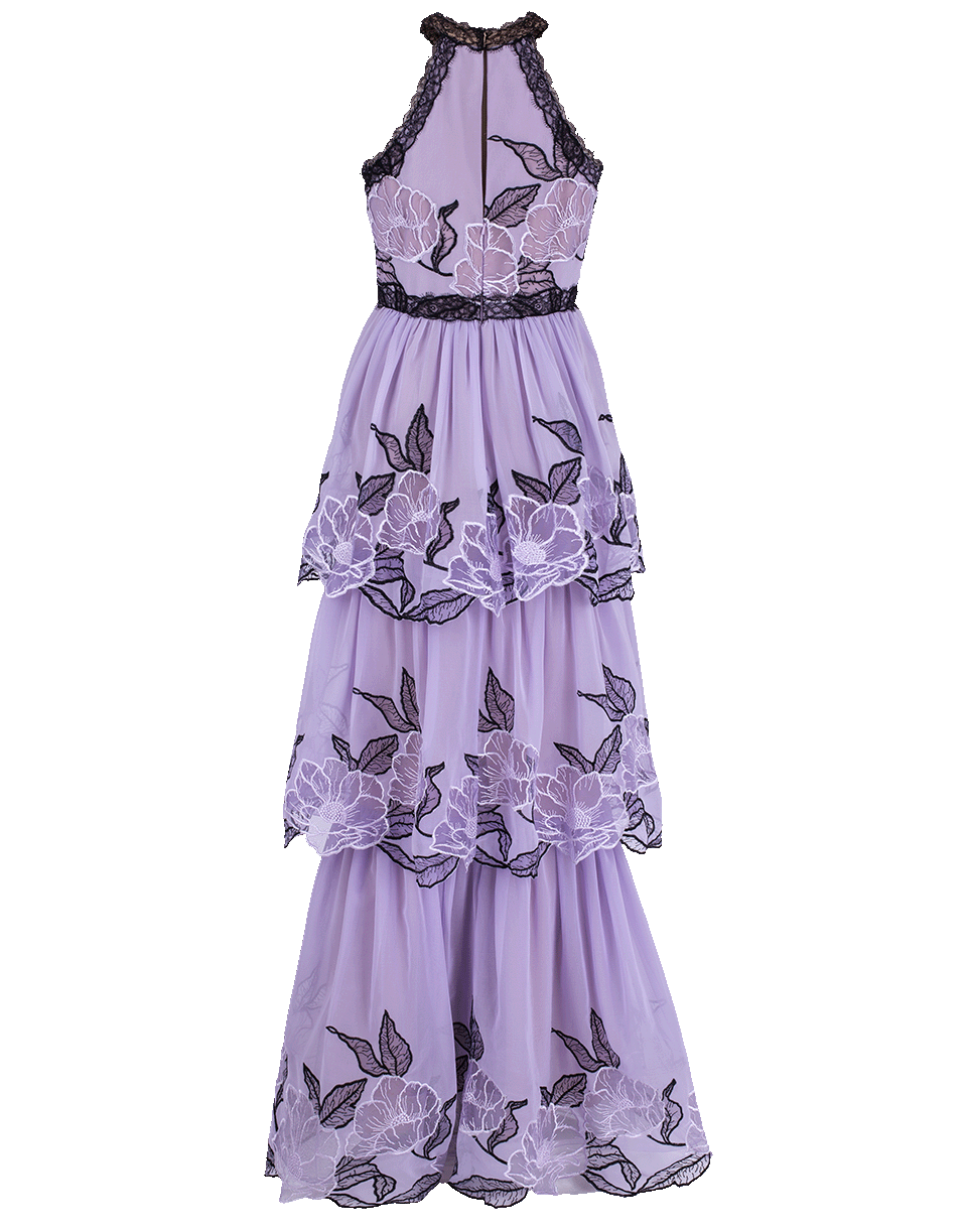 MARCHESA NOTTE-Halter Neck Lace Trim Tier Gown-LILAC