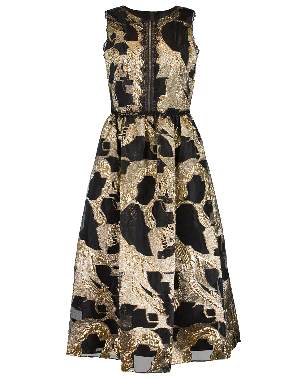 MARCHESA NOTTE-Metallic Tea Length Lace Gown-