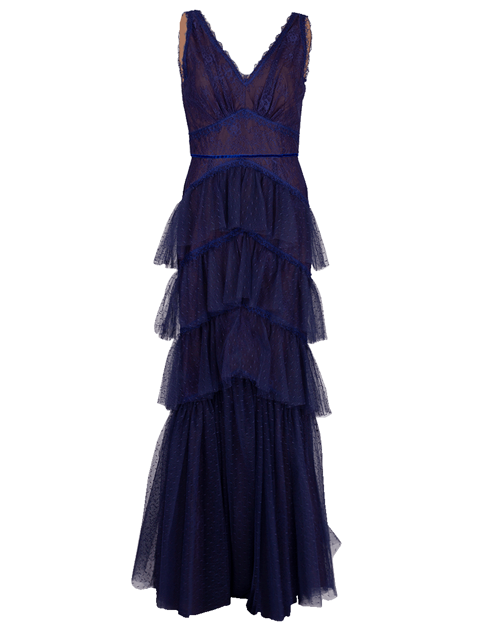 MARCHESA NOTTE-Multi Tiered Lace Gown-