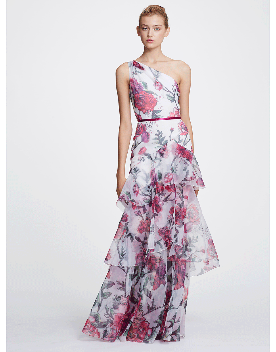 MARCHESA NOTTE-One Shoulder Cascade Ruffle Floral Gown-