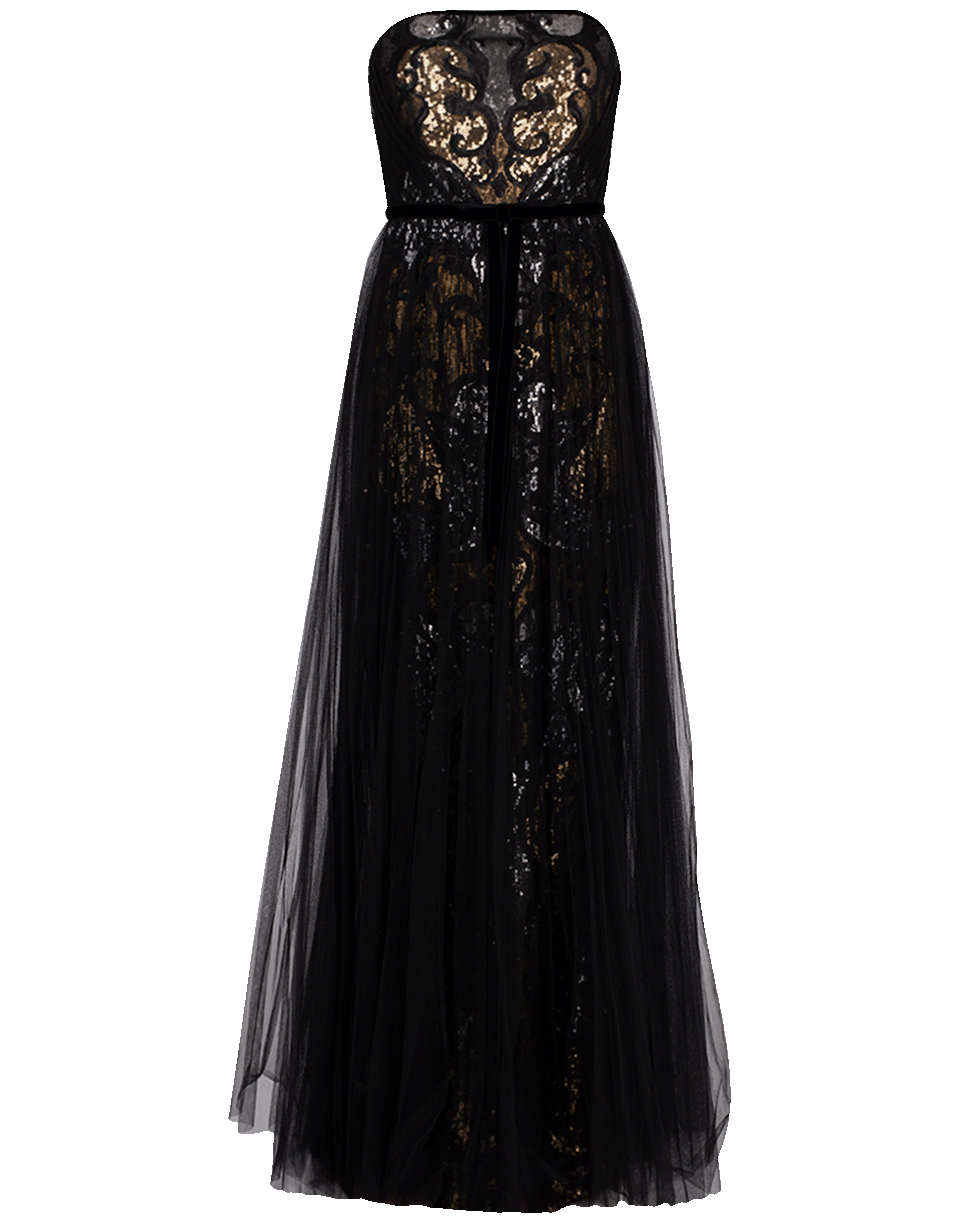 MARCHESA NOTTE-Strapless Sequin Tulle Overlay Gown-