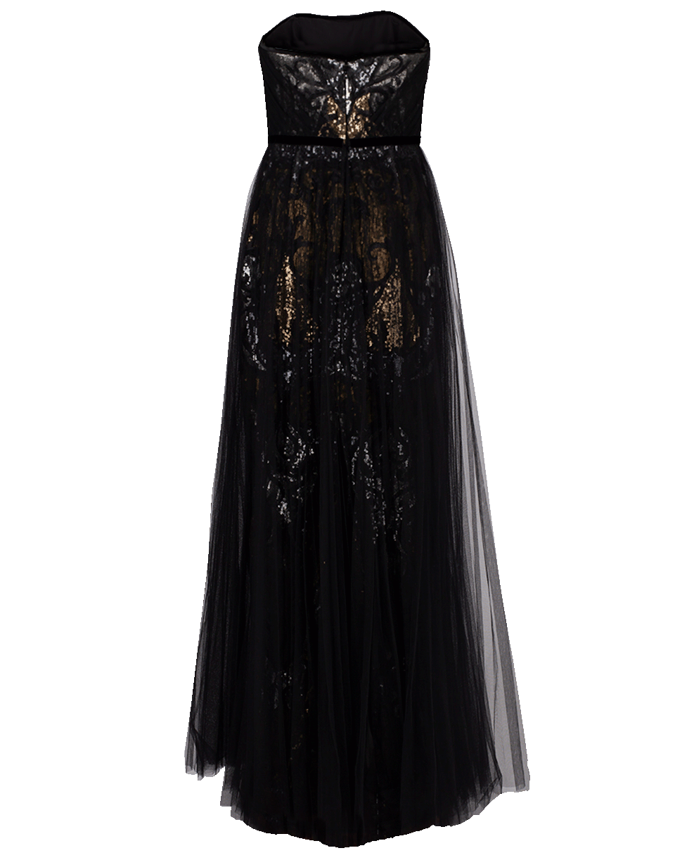MARCHESA NOTTE-Strapless Sequin Tulle Overlay Gown-