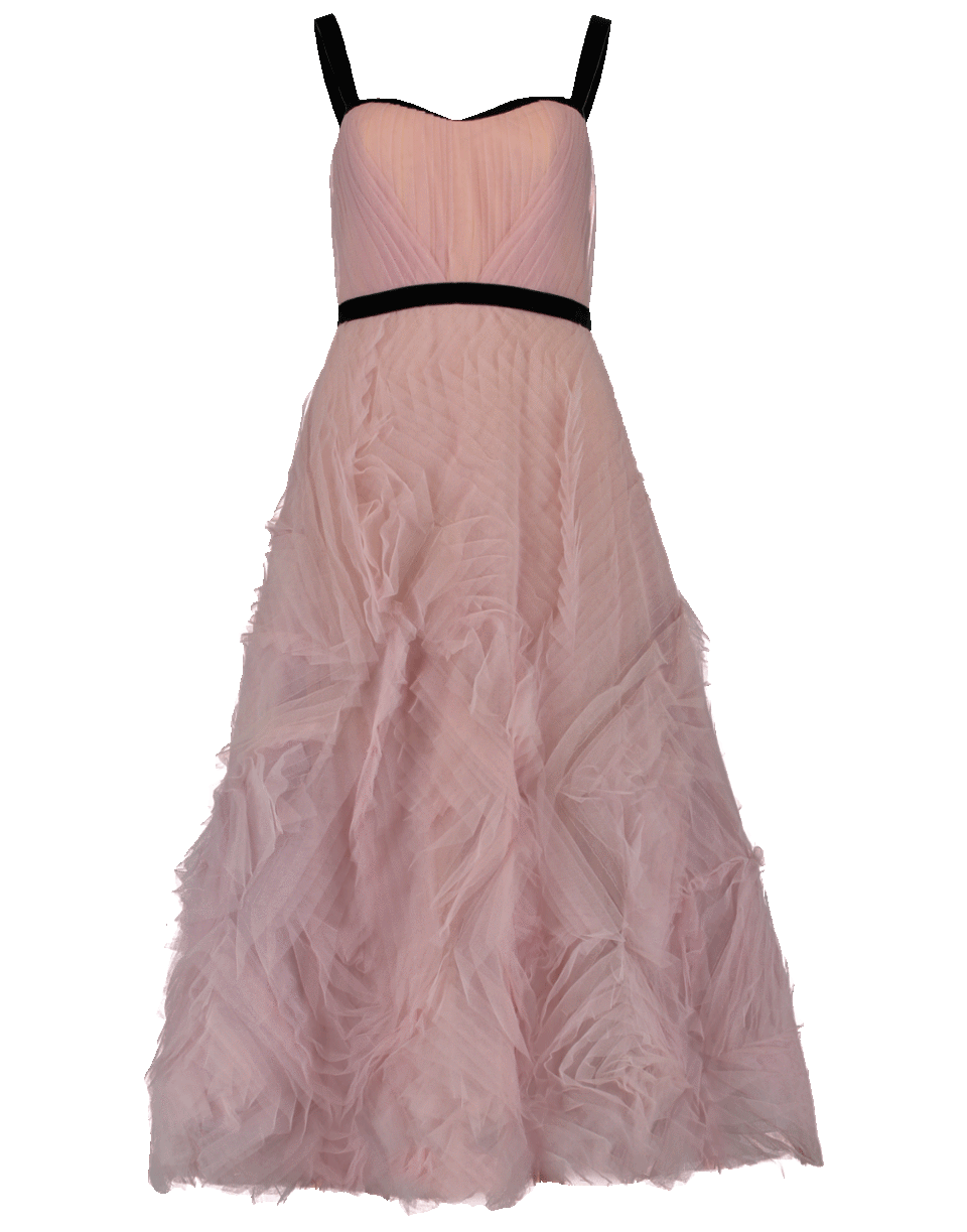 MARCHESA NOTTE-Tea Length Velvet Trim Gown-