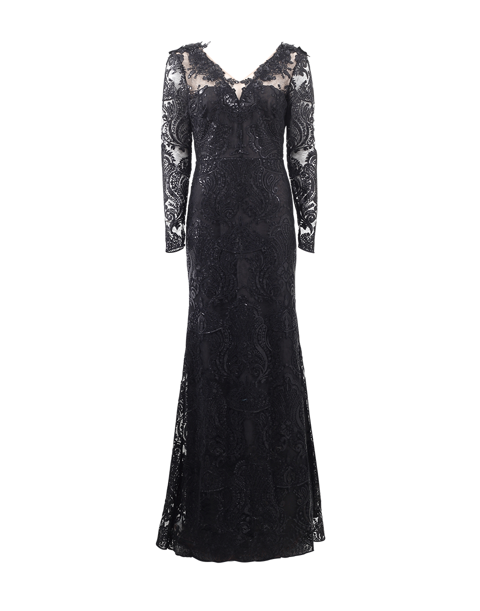 V-Neck Lace Overlay Embroidered Gown CLOTHINGDRESSGOWN MARCHESA NOTTE   