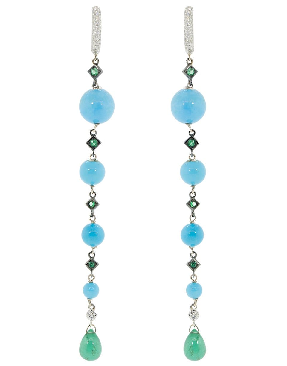 MARIANI-Tapered Turquoise, Emerald, and Diamond Drop Earrings-WHITE GOLD