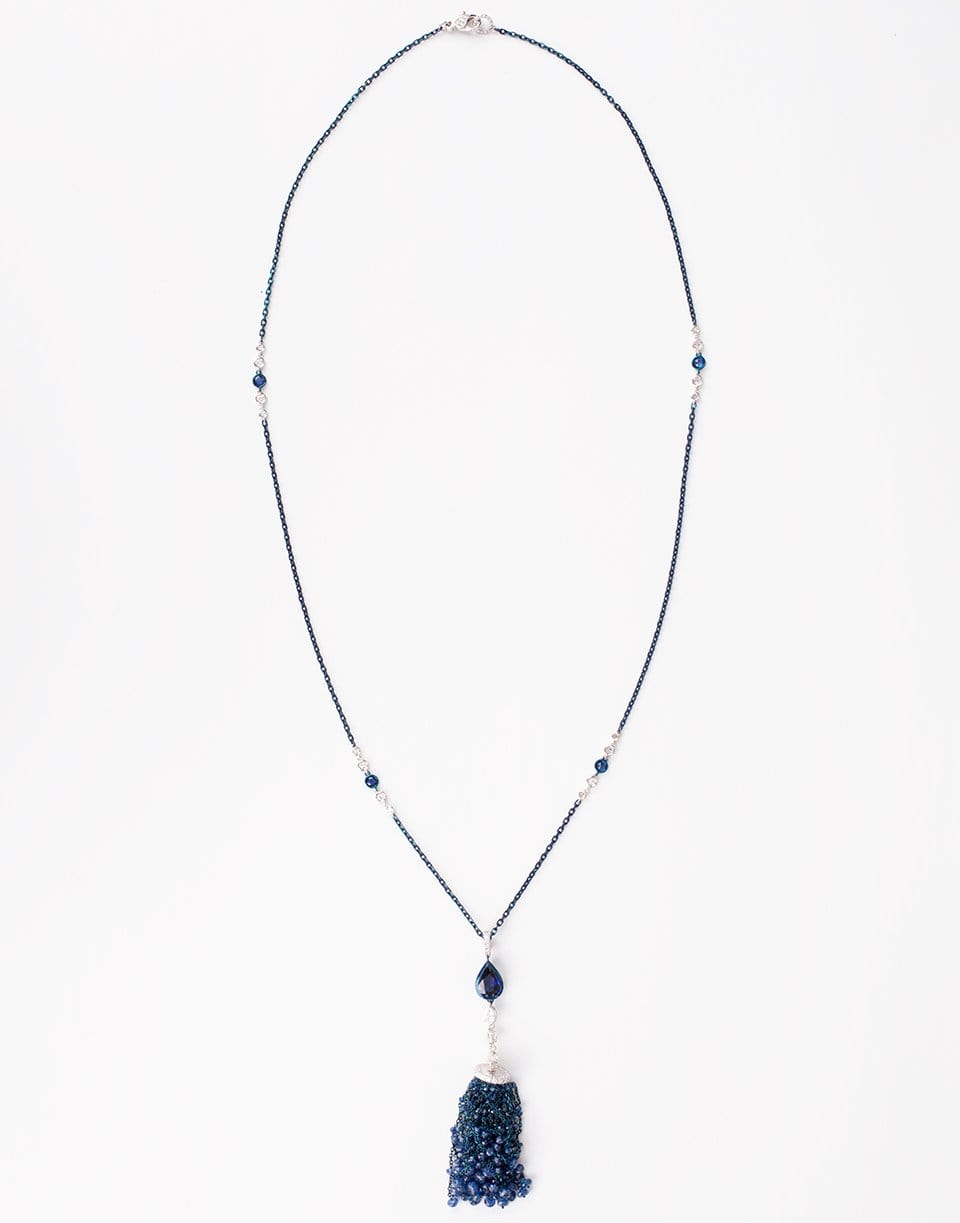 MARIANI-Blue Sapphire and Diamond Station Tassel Necklace-WHITE GOLD