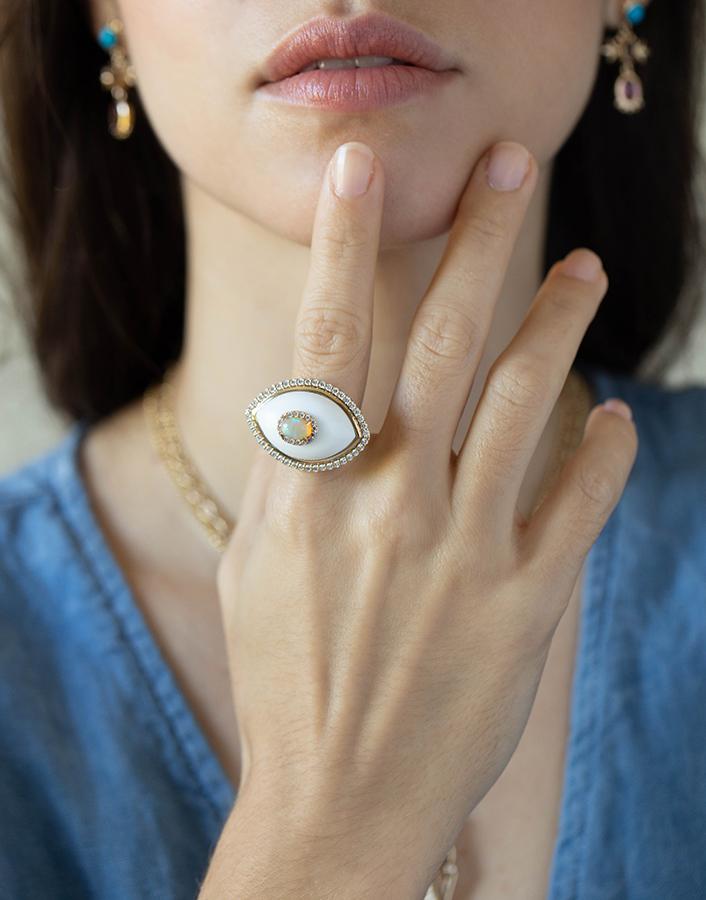 MARLO LAZ-Eyecon White Onyx and Opal Ring-YELLOW GOLD