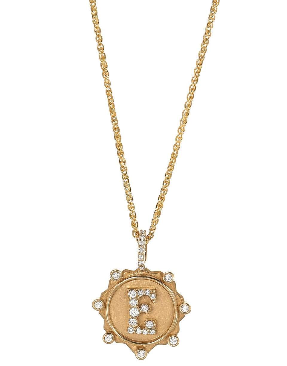 MARLO LAZ-Pave Diamond E Initial Coin Necklace-YELLOW GOLD