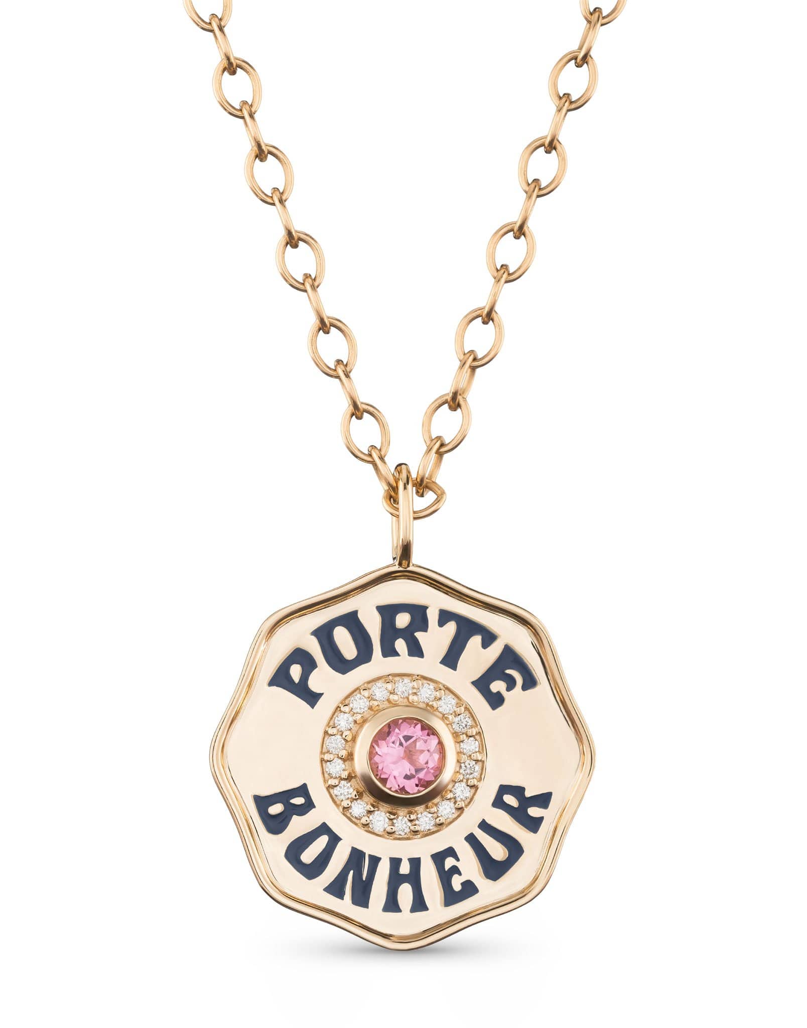 MARLO LAZ-Porte Bonheur Pink Tourmaline Necklace-YELLOW GOLD
