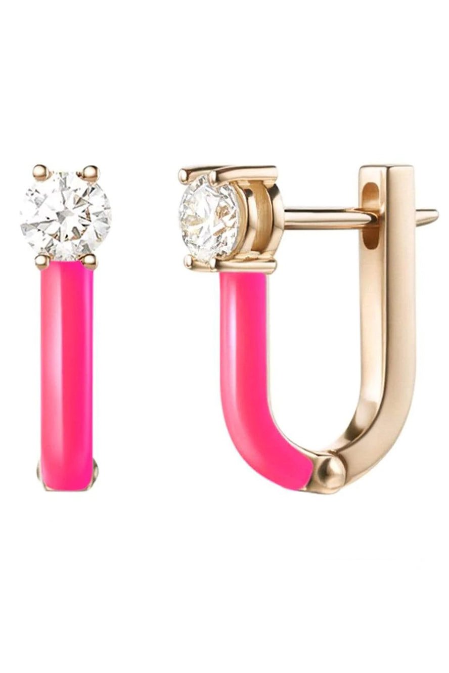 MELISSA KAYE-Aria U Pink Enamel and Diamond Huggies-ROSE GOLD